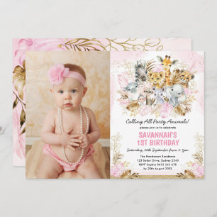 Invitación Boho Rubor Gold Tropical Wild One Birday Chica