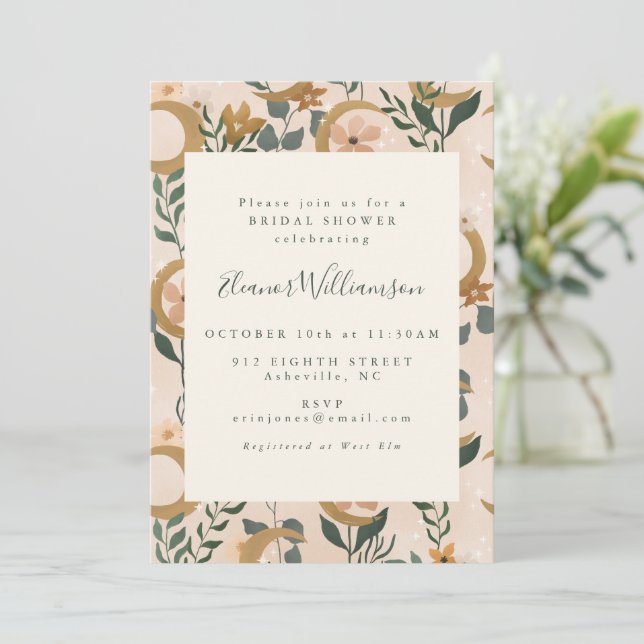 Invitación Boho Rubor Green Botanon Moon Bridal Shower (Anverso de pie)
