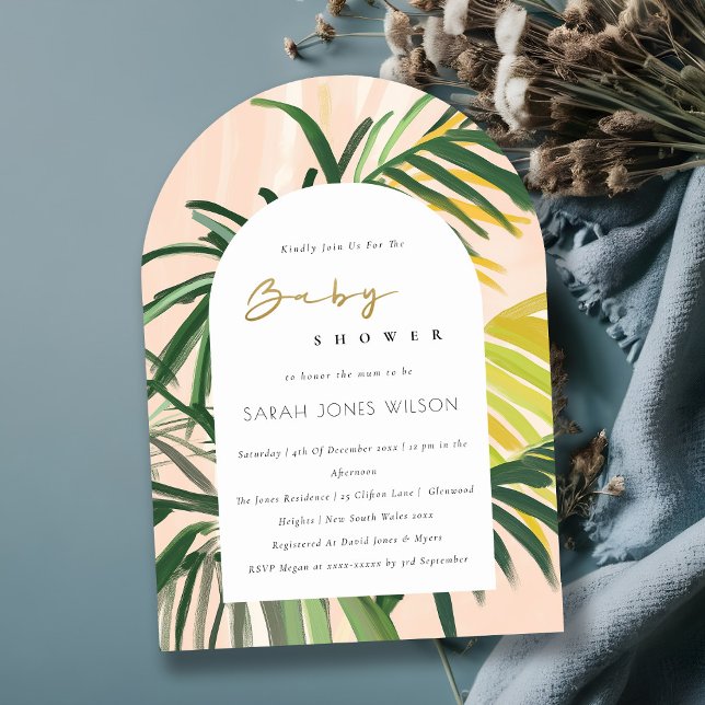 Invitación Boho Rubor Green Tropical Palm Beach Baby Shower (Subido por el creador)