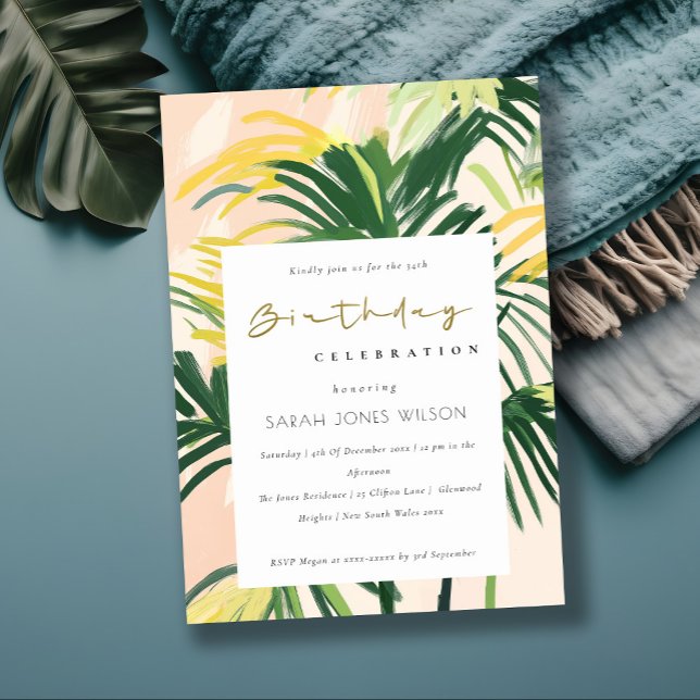 Invitación Boho Rubor Green Tropical Palm Beach Birthday Invi (Subido por el creador)