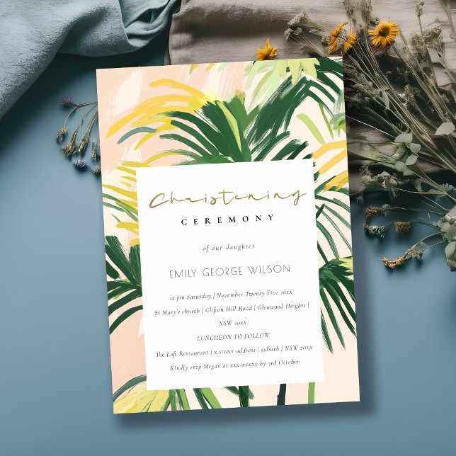 Invitación Boho Rubor Green Tropical Palm Beach Christening (Subido por el creador)