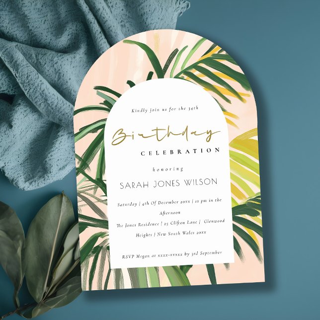 Invitación Boho Rubor Green Tropical Palm Beach Cumpleaños (Subido por el creador)