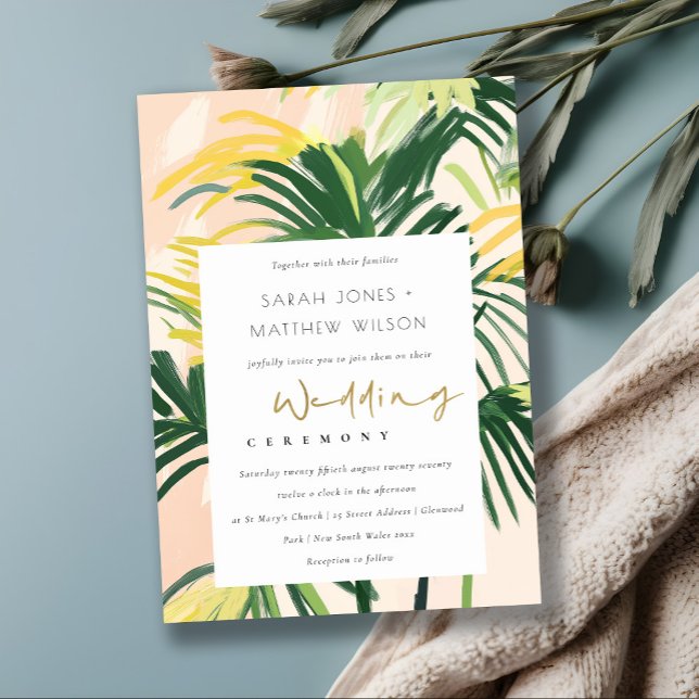 Invitación Boho Rubor Green Tropical Palm Beach Wedding (Subido por el creador)