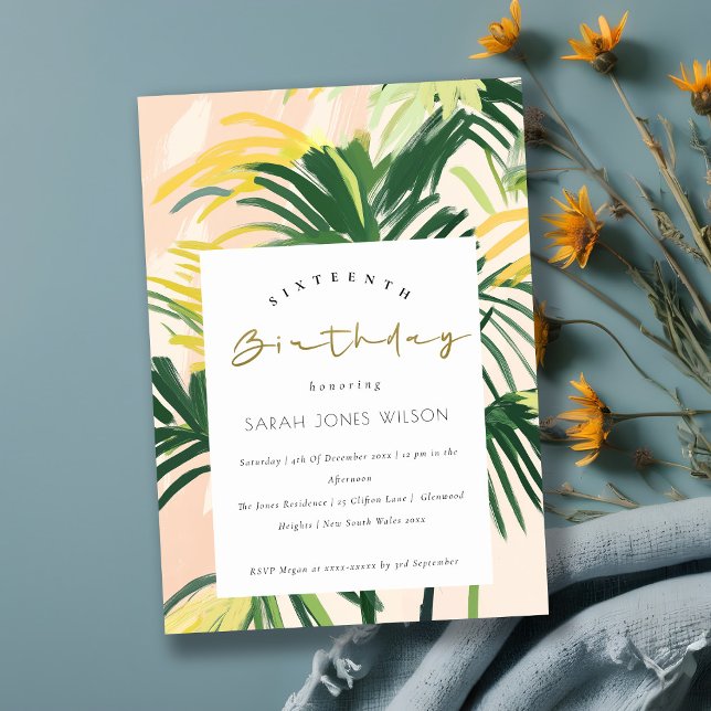 Invitación Boho Rubor Green Tropical Palm Sweet 16 Cumpleaños (Subido por el creador)