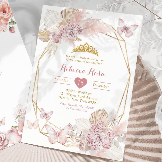 Invitación Boho Rubor Mariposa rosa Geemétrica Quinceañera (Subido por el creador)