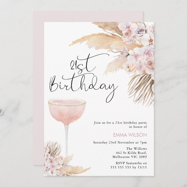 Invitación Boho Rubor Mauve Floral Glass 21 cumpleaños (Anverso / Reverso)