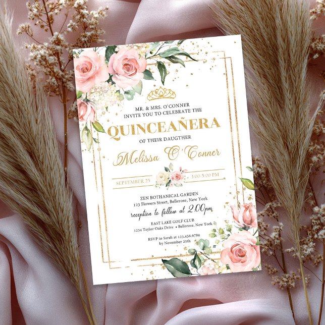 Invitación Boho Rubor oro rosa floral tiara quinceanera (Boho Blush pink floral gold tiara quinceanera Invitation)