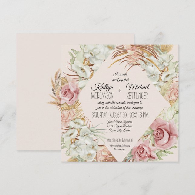 Invitación BOHO Rubor Orquídea Floral Pampas Grasa Folito de  (Anverso / Reverso)
