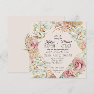 Invitación BOHO Rubor Orquídea Floral Pampas Grasa Folito de
