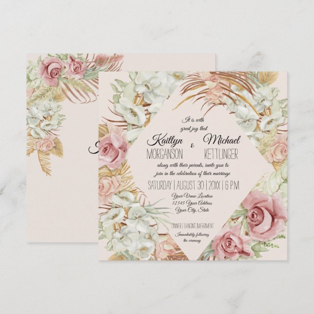Invitación BOHO Rubor Orquídea Floral Pampas Grasa Folito de  (Anverso / Reverso)