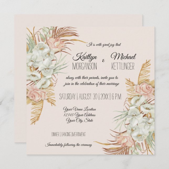 Invitación BOHO Rubor Orquídea Pampas Grasa Folito (Anverso / Reverso)