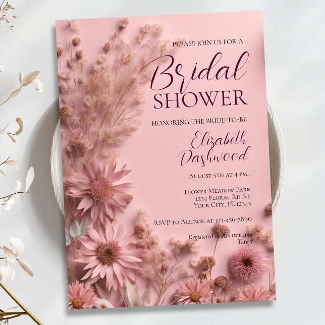 Invitación Boho Rubor Pink Dried Wildflowers Ducha de novias (Subido por el creador)