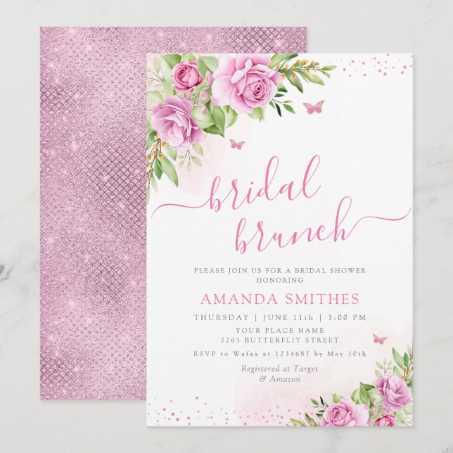 Invitación Boho Rubor Pink Floral Bridal Brunch Bridal Shower (Anverso / Reverso)