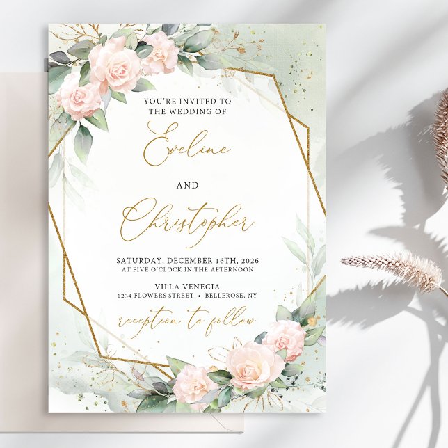 Invitación Boho Rubor Pink Floral Greeneration Gold Frame Bod (Watercolor delicate blush roses eucalyptus and gold frame wedding invitation digital)