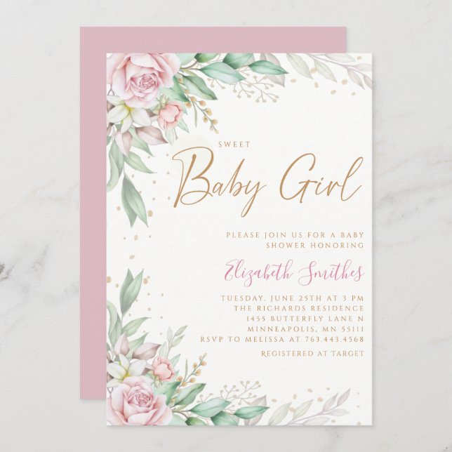 Invitación Boho Rubor Pink Floral Greeney Chica Baby Shower (Anverso / Reverso)