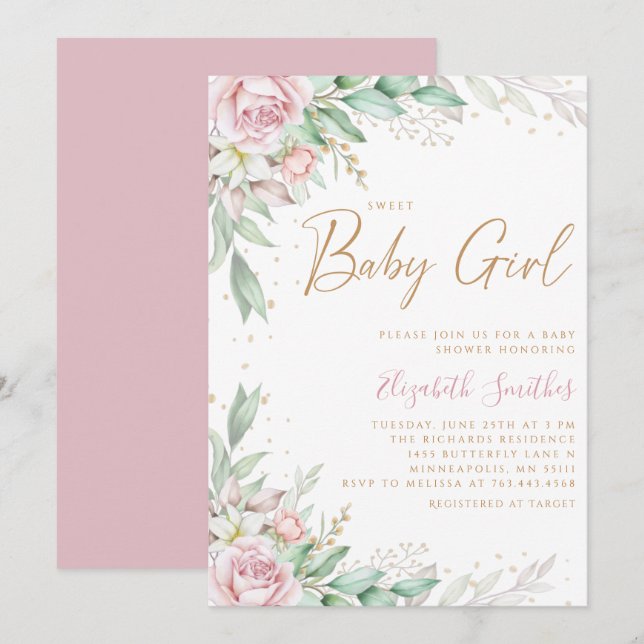 Invitación Boho Rubor Pink Floral Greeney Chica Baby Shower (Anverso / Reverso)