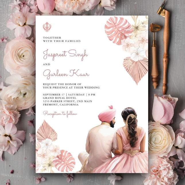 Invitación Boho Rubor Pink Floral Indian Punjabi Sikh Boda (Subido por el creador)