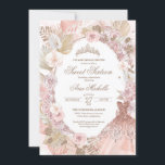 Invitación Boho Rubor Pink Floral Sweet Dieciséis cumpleaños<br><div class="desc">Invitación al cumpleaños con un elegante estilo boho. rosas Rubor rosas y blancas,  flores secas,  hierba de palma y pampas y un chica con un hermoso vestido a juego. 

Consulte la tienda para ver esta invitación con chicas de diferentes colores de cabello y tonos de piel y más variaciones.</div>