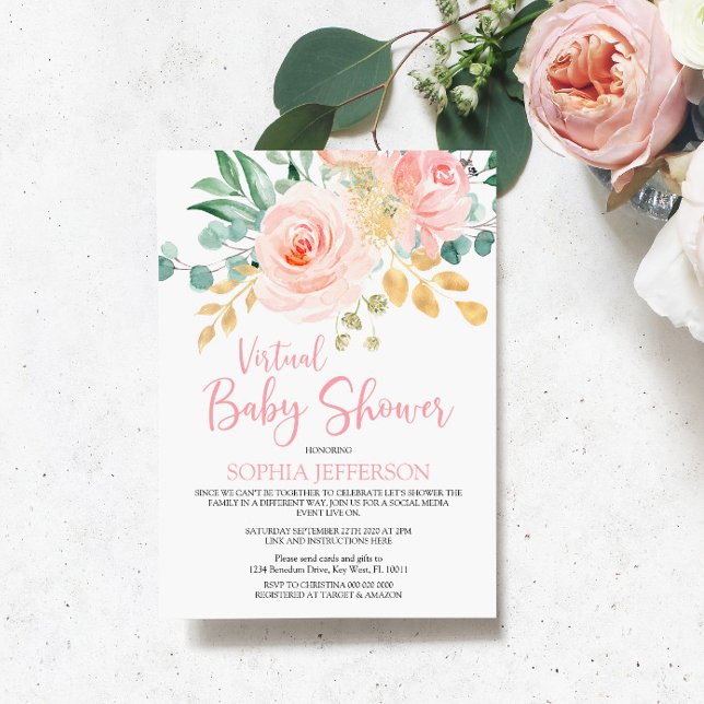 Invitación Boho Rubor Pink Floral Virtual Baby Shower (Subido por el creador)