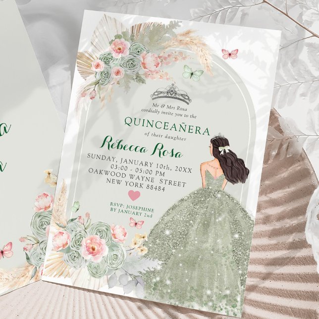 Invitación Boho Rubor Pink Sage Green Princesa Quinceañera (Subido por el creador)