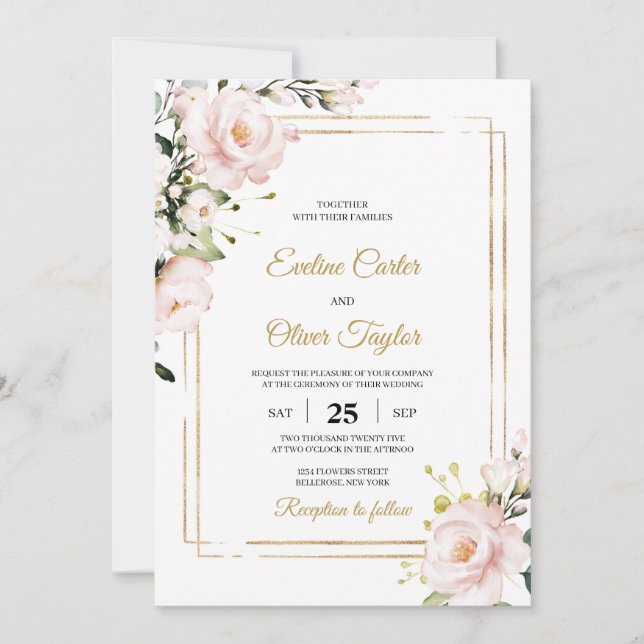 Invitación Boho Rubor rosa floral y purpurina dorado elegante (Anverso)