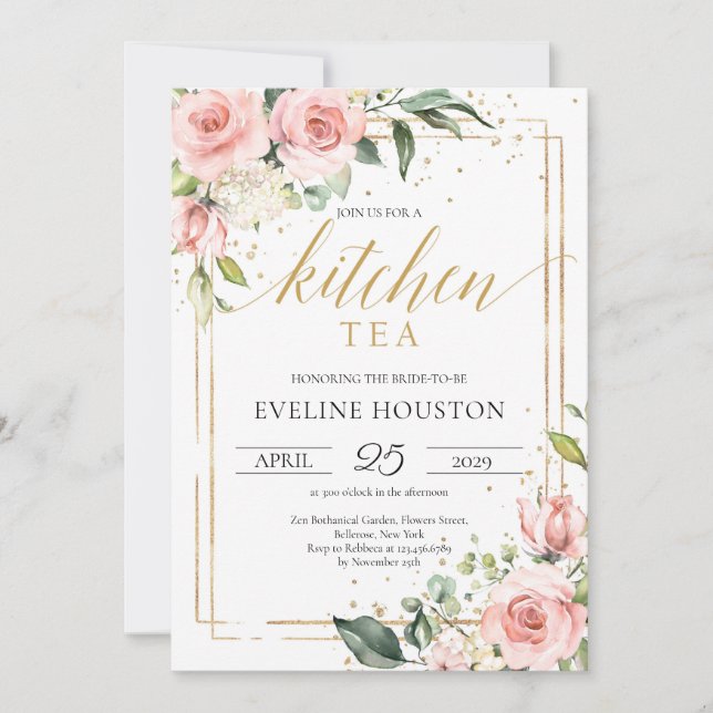 Invitación Boho Rubor rosa marco dorado floral cocina té (Anverso)