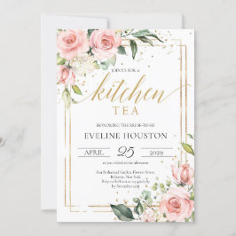 Invitación Boho Rubor rosa marco dorado floral cocina té