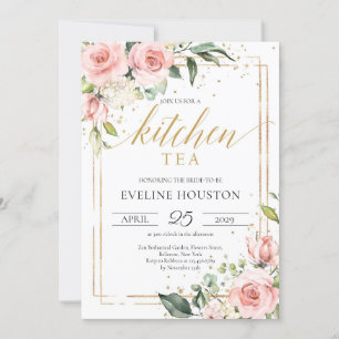 Invitación Boho Rubor rosa marco dorado floral cocina té