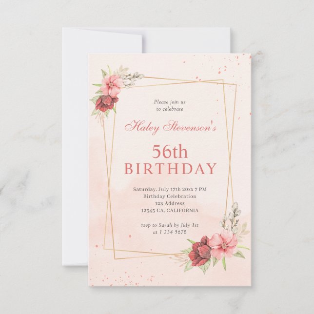 Invitación Boho Rubor Rosa Terracota Floral 56 Cumpleaños (Anverso)