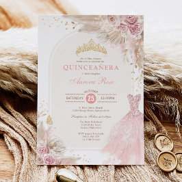 Invitación Boho Rubor Rosado Floral Quinceañera 15º cumpleaño