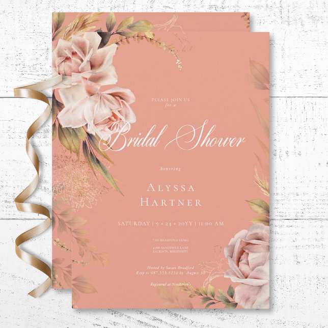 Invitación Boho Rubor Rosas & Grasses Bridal Shower (Boho Blush Roses & Grasses Bridal Shower Invitation)
