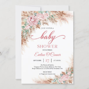 Invitación Boho Rubor rosas pampas florales hierba vegetación