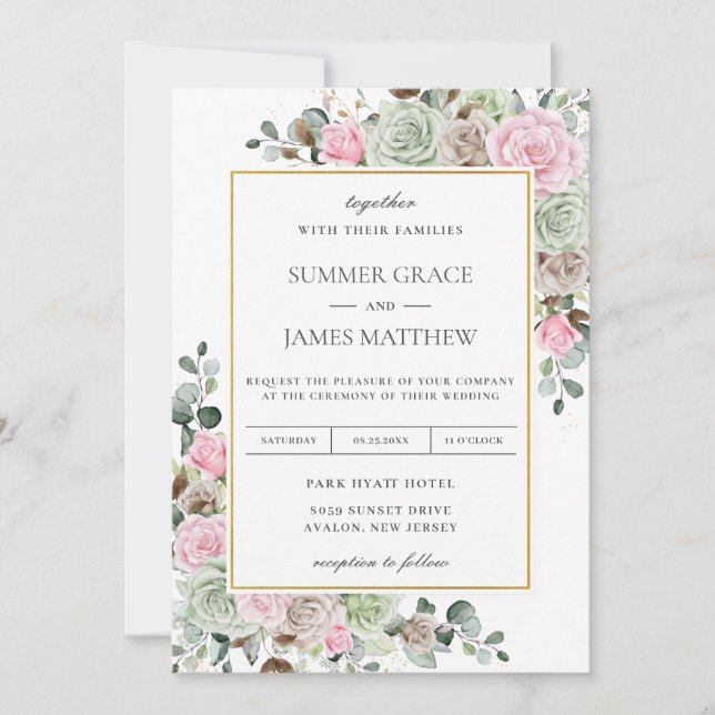 Invitación Boho Rubor Sage Green Taupe Boda floral (Anverso)