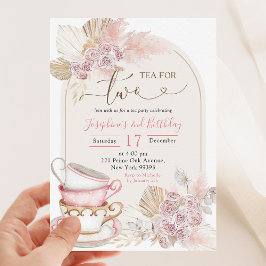 Invitación Boho Rubor Té floral rosa para dos cumpleaños