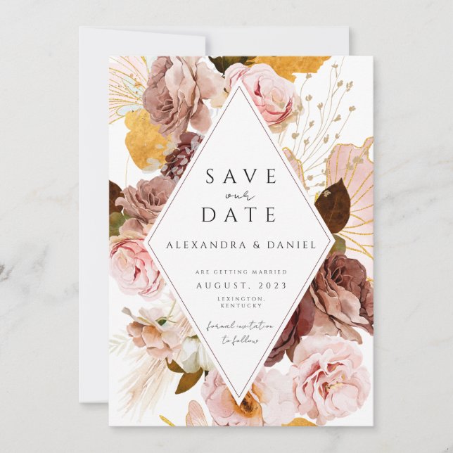 Invitación Boho Rubor y Rosa pampas guardan la fecha (Anverso)