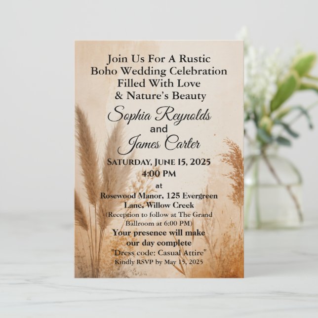 Invitación Boho ruso | Boda de los tonos de tierra de pampas (Anverso de pie)