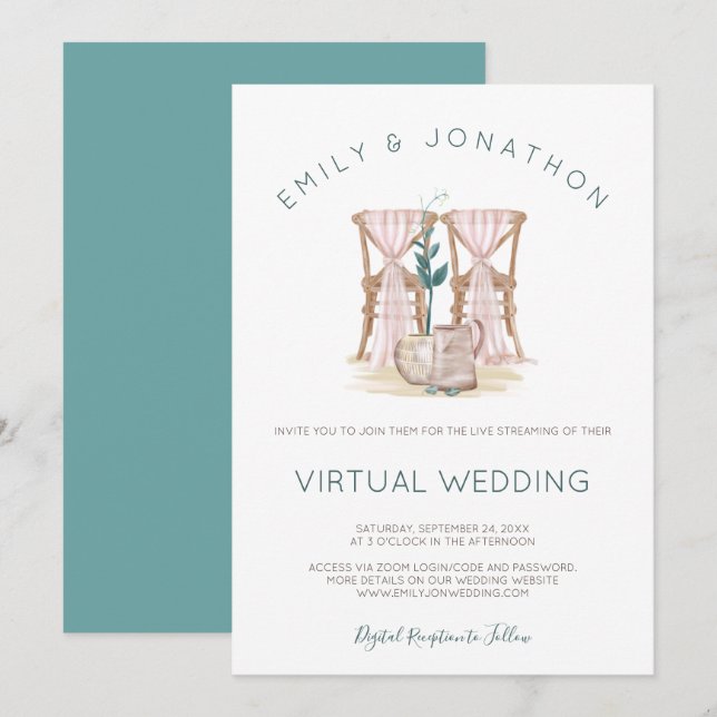 Invitación Boho ruso preside Boda virtual de eucalipto azul (Anverso / Reverso)