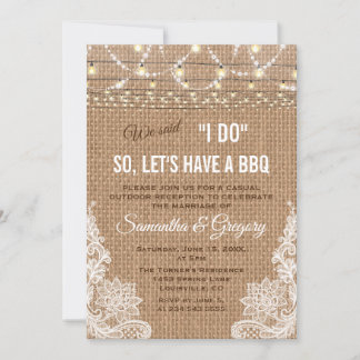 Invitación Boho Rustic Burlap Lace String Luces I DO BBQ