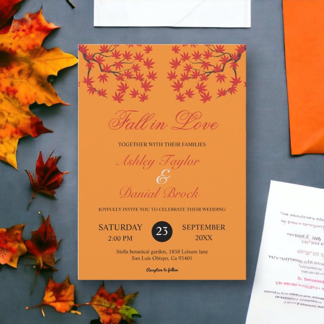Invitación Boho Rustic Burnt Naranja Red Leaves Fall Wedding (Subido por el creador)