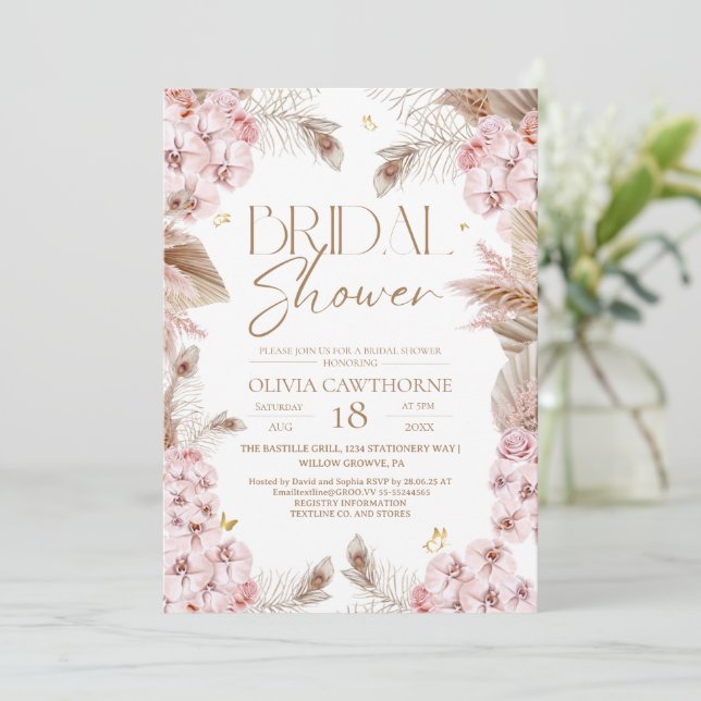 Invitación Boho Rustic Dusty Pink Bridal Shower Invitation (Anverso de pie)