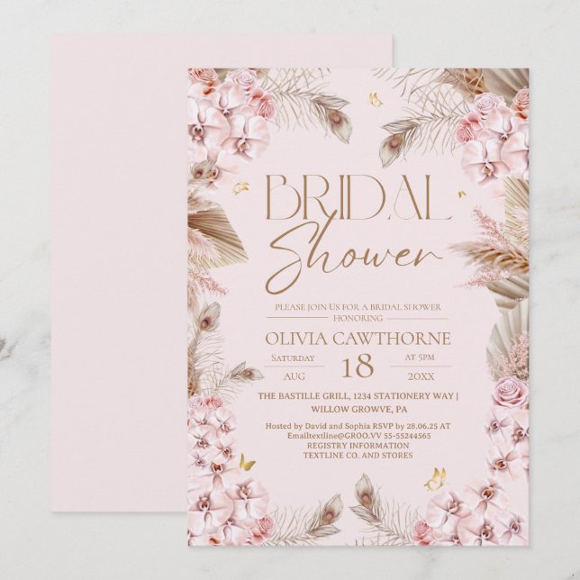 Invitación Boho Rustic Dusty Pink Bridal Shower Invitation (Anverso / Reverso)