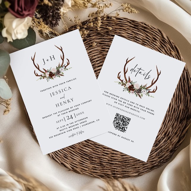 Invitación Boho Rustic Floral Antlers Boda QR Code (Subido por el creador)