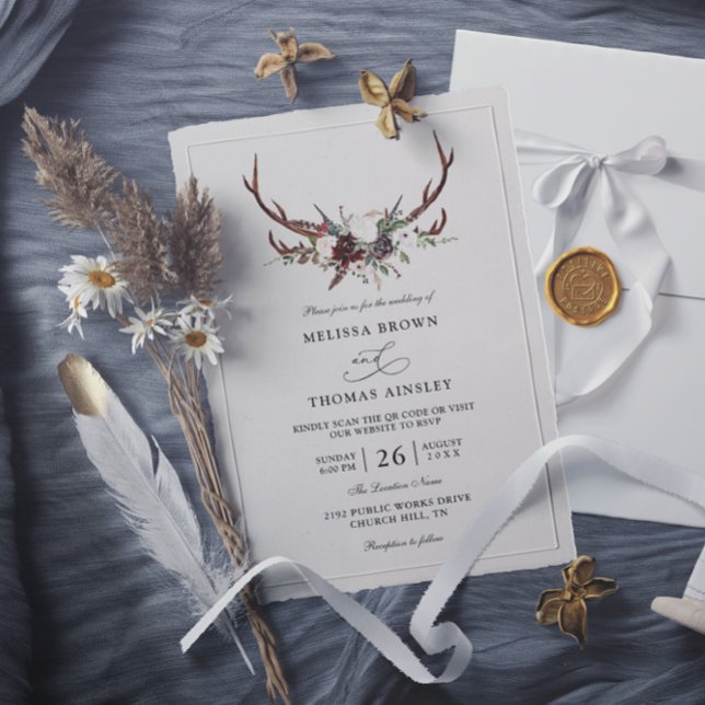 Invitación Boho Rustic Floral Antlers Budget QR Code Wedding (Subido por el creador)