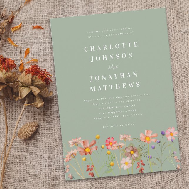 Invitación Boho Rustic Floral Floral Floral Sage Green (Boho rustic Wildflower floral sage green Wedding invitation Modern elegant with watercolor flowers)