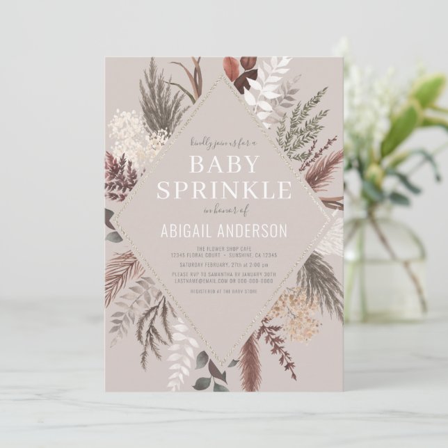 Invitación Boho Rustic Floral Pampas Infante de Grasa Sprinkl (Anverso de pie)