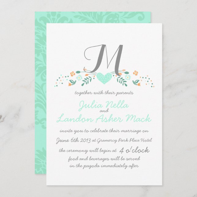 Invitación Boho Rustic Folk Art Mint Boda (Anverso / Reverso)