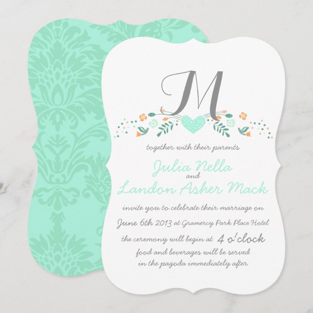 Invitación Boho Rustic Folk Art Mint Boda (Anverso / Reverso)