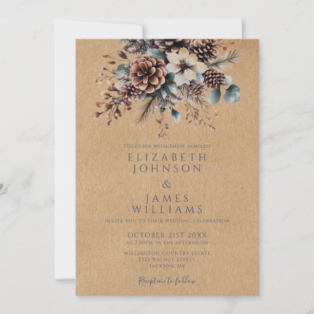 Invitación Boho Rustic Kraft Boda de la Pinecona floral (Anverso)
