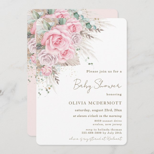 Invitación Boho Rustic Pampas Chica Floral Rosa Baby Shower (Anverso / Reverso)