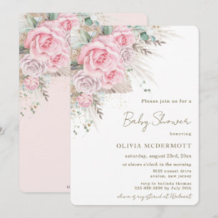 Invitación Boho Rustic Pampas Chica Floral Rosa Baby Shower